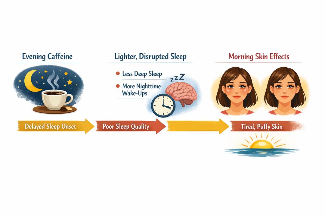 Infographic showing how evening caffeine delays sleep, reduces deep sleep, and leads to morning puffiness and dull skin.