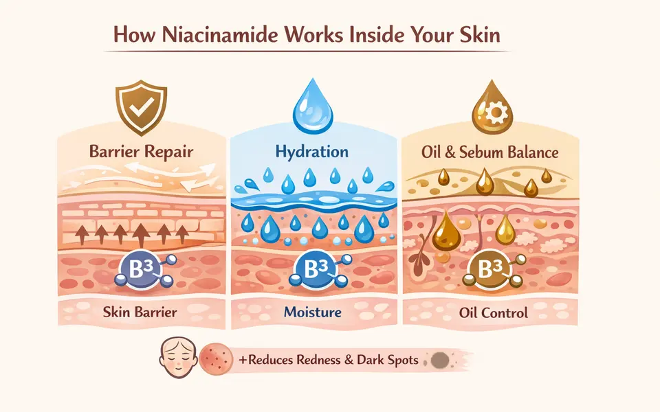 Simple diagram of skin layers showing barrier, hydration and oil balance, with niacinamide icons supporting them.