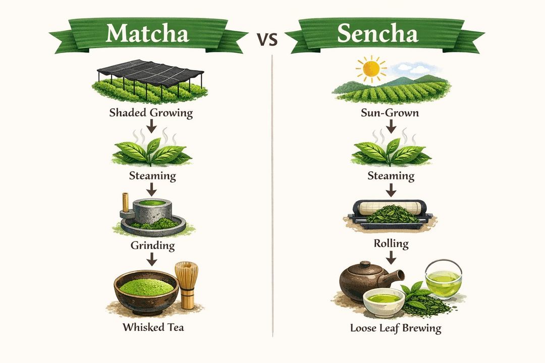 Infographic diagram showing how matcha and sencha are grown, processed and prepared differently.