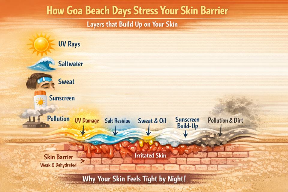 Infographic showing layers on Goa beach skin: UV, saltwater, sweat, sunscreen and pollution building up on the face.