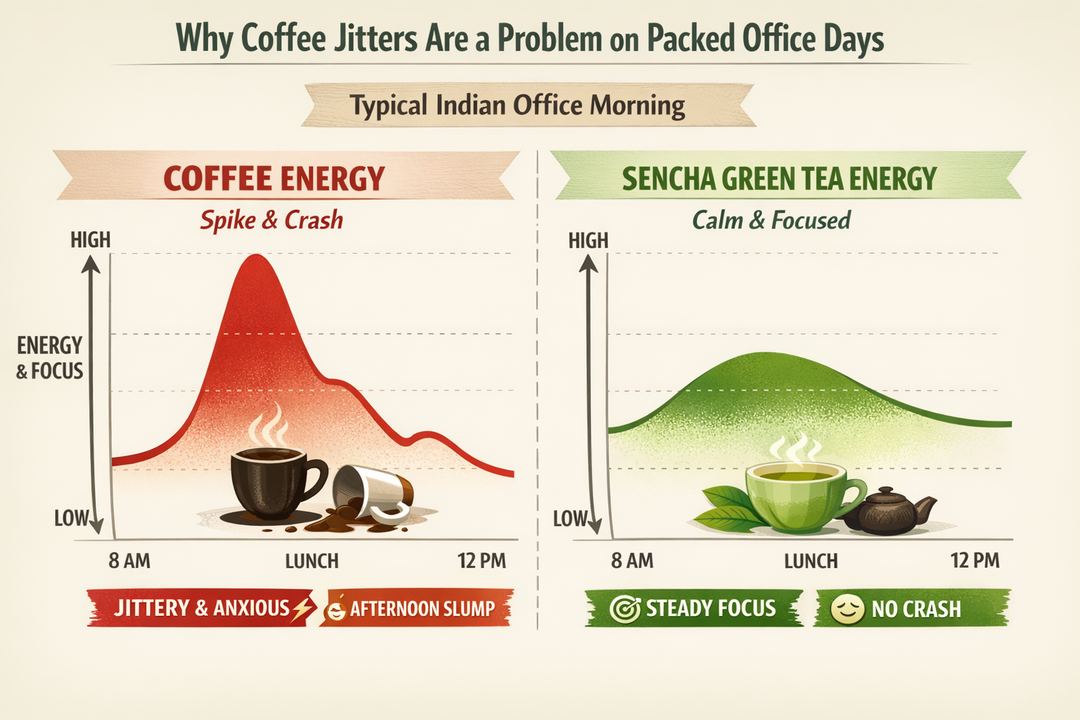 Infographic comparing the energy curve of coffee versus sencha over a typical Indian office morning.