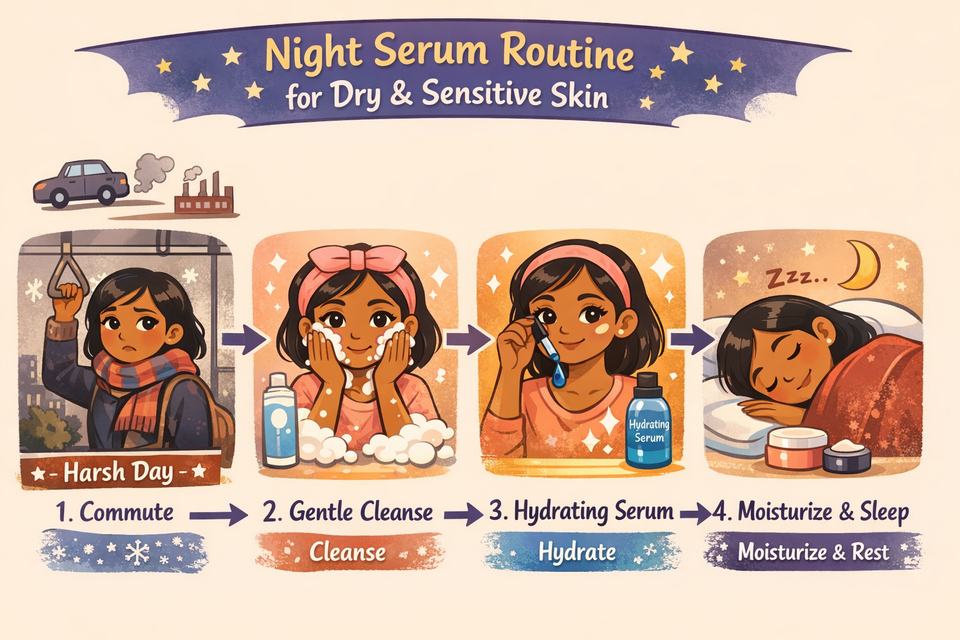 Infographic diagram of a simple 4-step night serum routine for Indian office-goers with dry, sensitive winter skin.