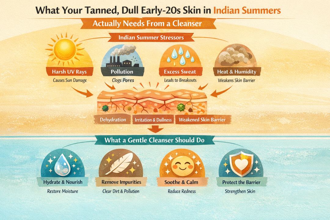 Infographic showing how Indian summer heat, UV, sweat and pollution affect tanned, dull skin and what a gentle cleanser should do.