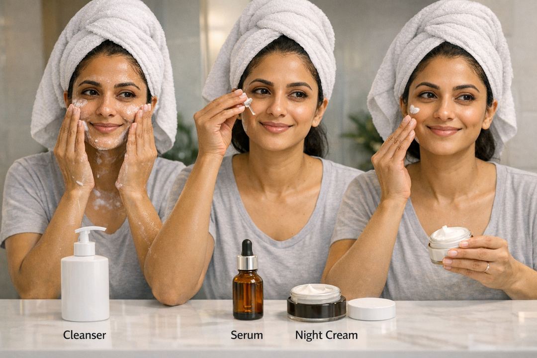Woman doing a simple night routine: cleanser, serum and night cream in order on her bathroom counter.