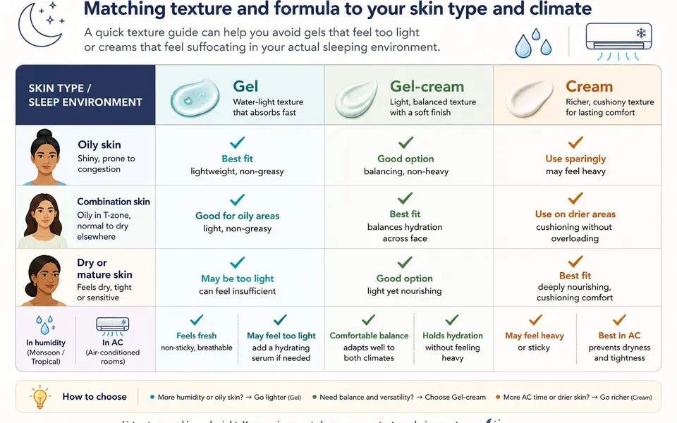 Infographic comparing gel, gel-cream and cream night moisturisers for oily, combination and dry skin in humid and air-conditioned environments.