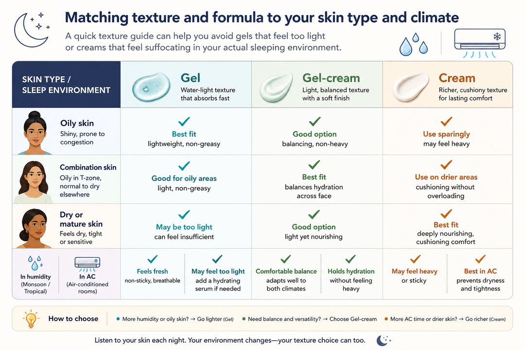 Infographic comparing gel, gel-cream and cream night moisturisers for oily, combination and dry skin in humid and air-conditioned environments.