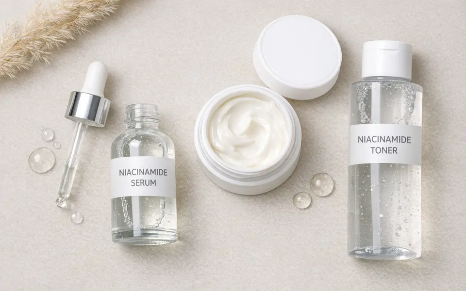 Flatlay of different niacinamide skincare formats including serum dropper, cream jar and toner bottle on a neutral background.