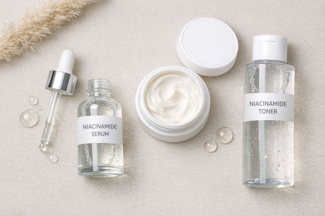 Flatlay of different niacinamide skincare formats including serum dropper, cream jar and toner bottle on a neutral background.