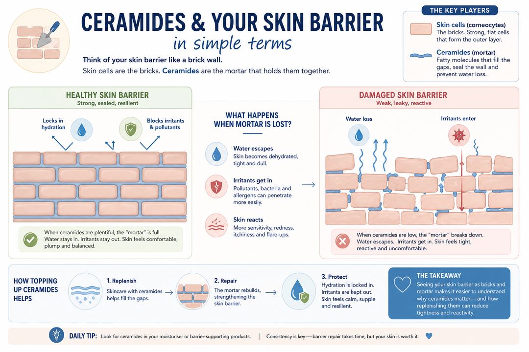 Infographic showing the skin barrier as a brick wall, with skin cells as bricks and ceramides as mortar, plus a comparison of healthy vs damaged barrier and water loss.
