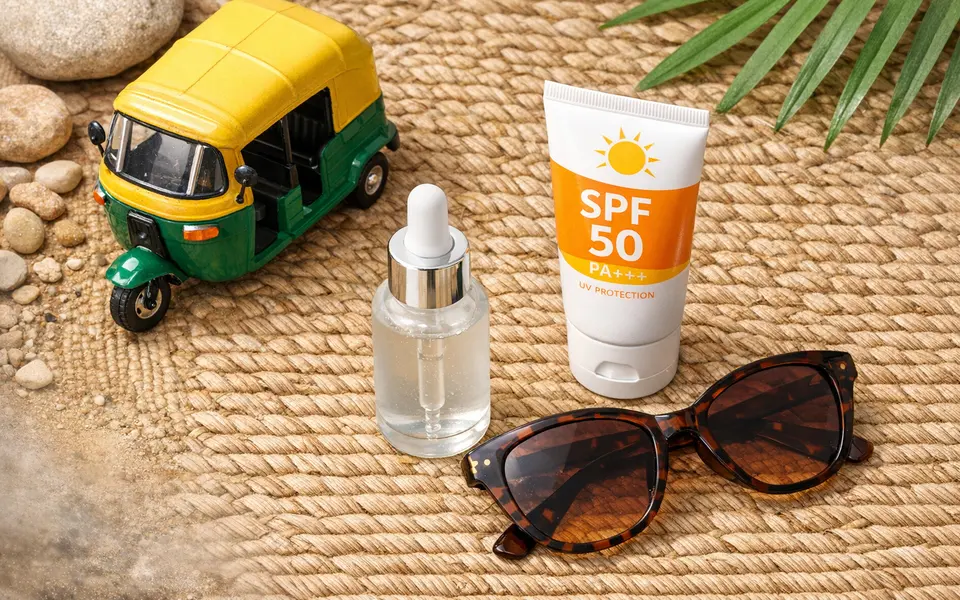 Flatlay of lightweight face serum, sunscreen and sunglasses arranged with an auto rickshaw miniature, symbolising Indian commute lifestyle