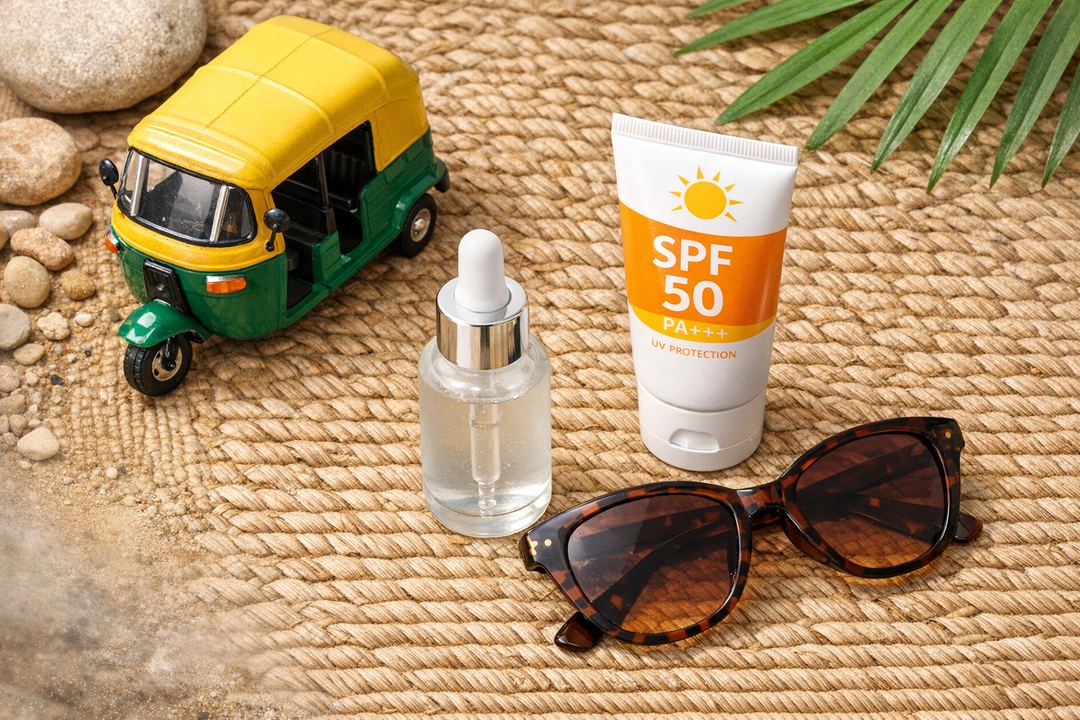Flatlay of lightweight face serum, sunscreen and sunglasses arranged with an auto rickshaw miniature, symbolising Indian commute lifestyle