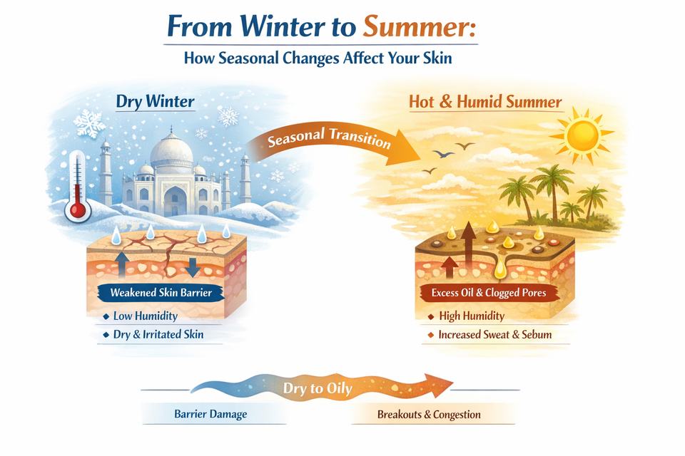 Infographic explaining how winter-to-summer weather changes in India affect skin barrier, oil production and breakouts.