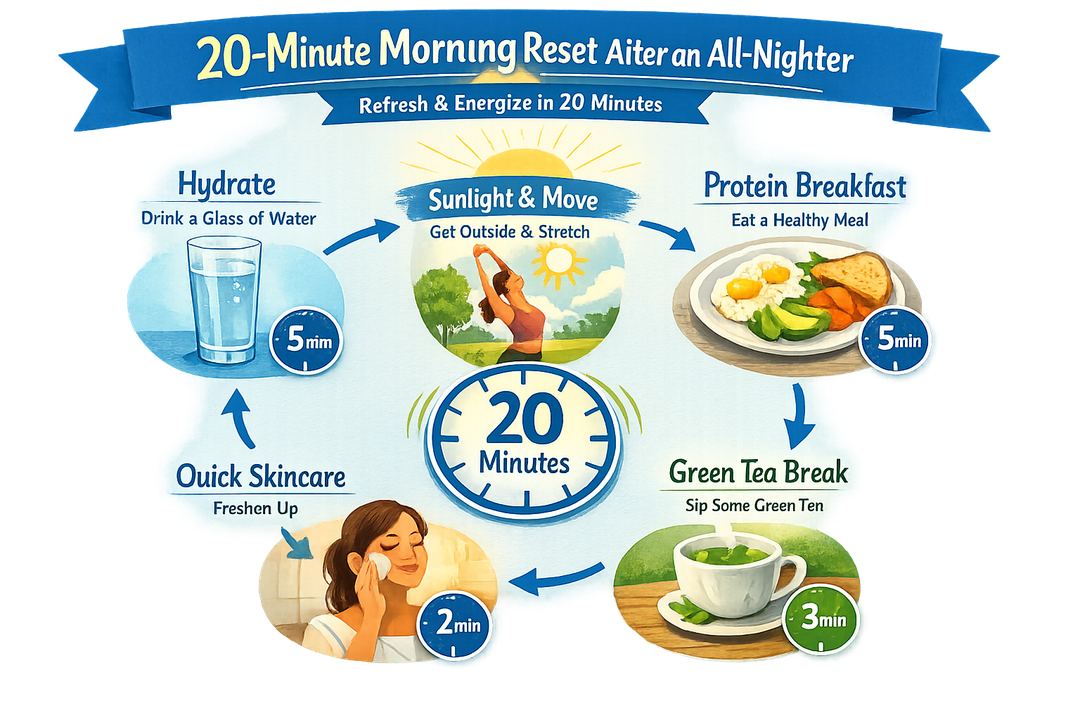 Infographic showing a 20‑minute morning reset after an all‑nighter: water, sunlight and movement, protein breakfast, green tea, simple skincare.