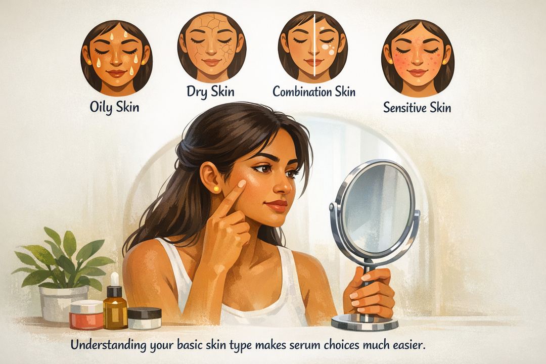 Indian woman checking her skin type in a mirror with simple icons for oily, dry, combination and sensitive skin