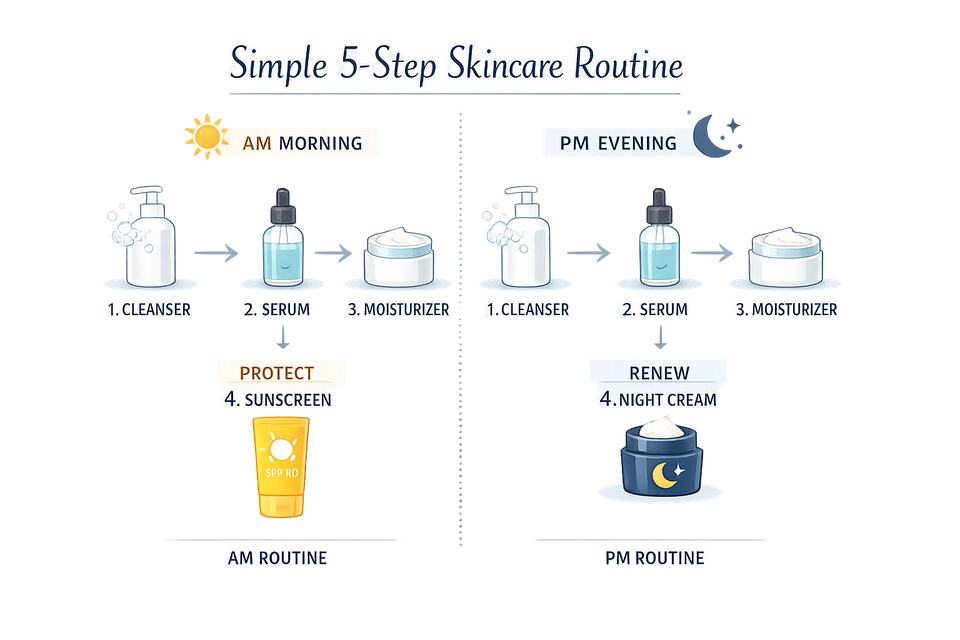 Infographic showing a simple 5-step skincare routine with cleanser, serum, moisturizer, night hydration and sunscreen.