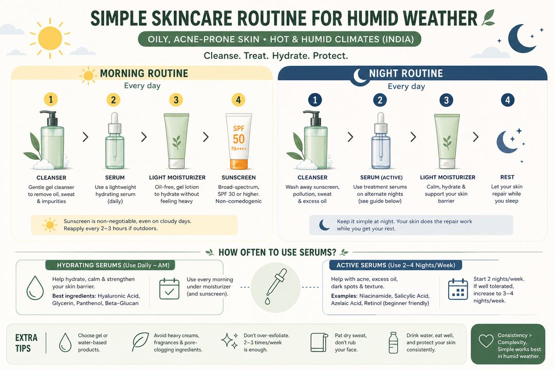 Infographic showing a simple morning and night skincare routine with cleanser, serum, light moisturizer, and sunscreen for acne-prone skin in humid weather.