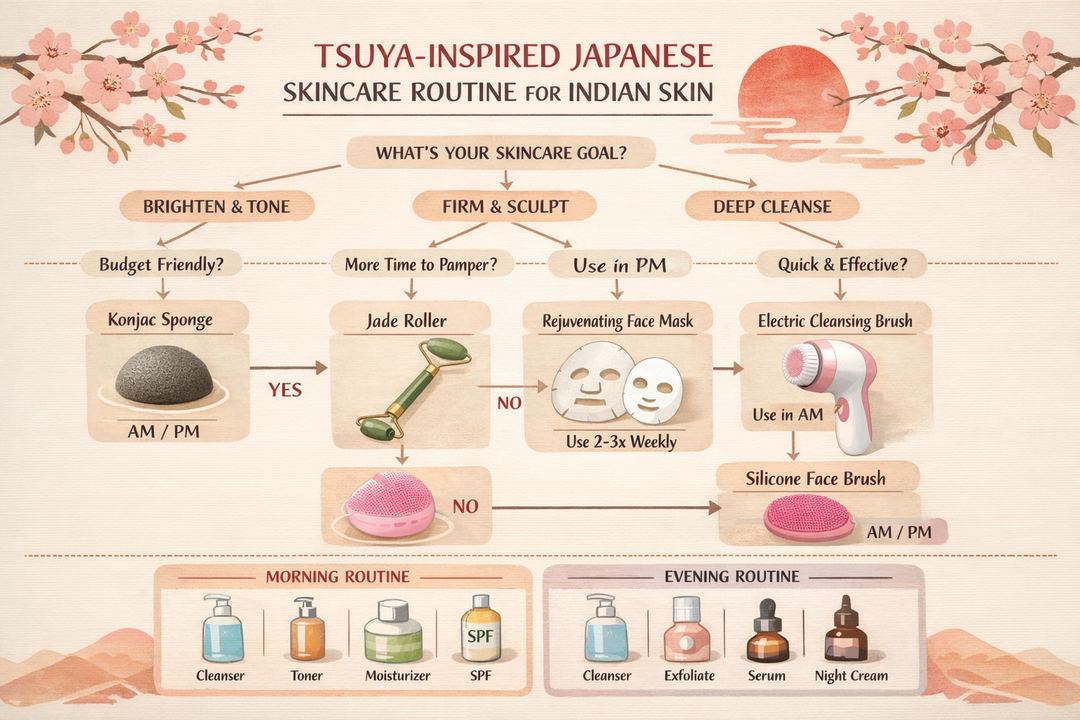 Infographic of a Japanese tsuya-inspired skincare routine for Indian skin types, showing when to use each tool.