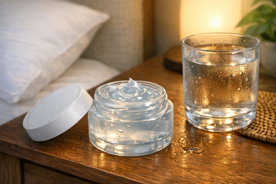 Open jar of clear gel night cream on a bedside table next to a glass of water.