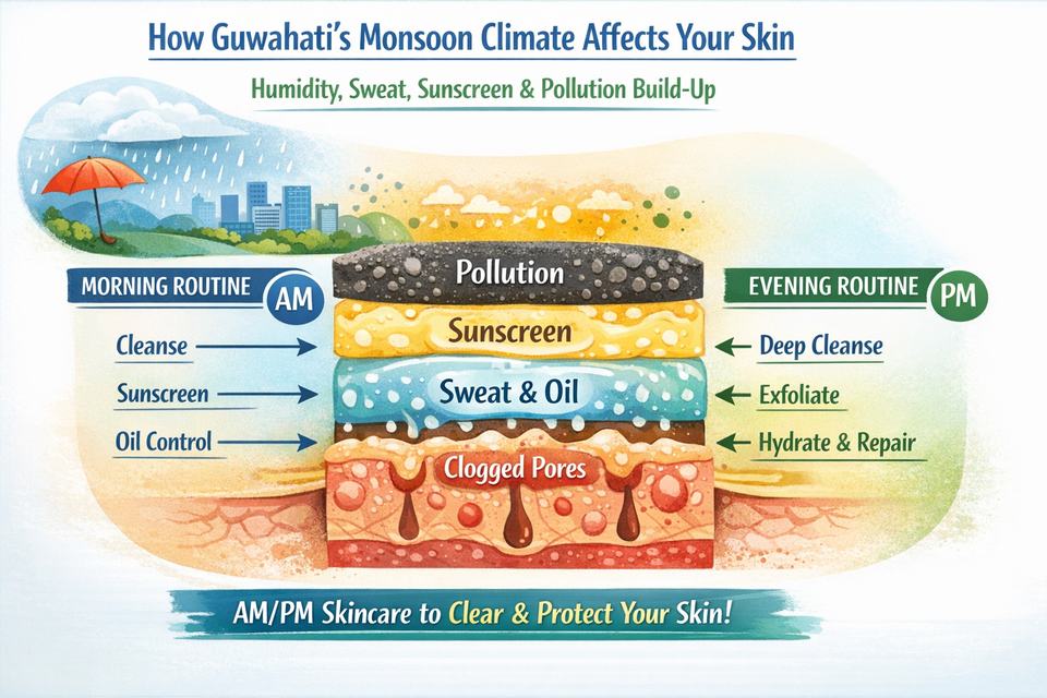 Infographic showing how Guwahati’s humid monsoon climate creates layers of sweat, oil, sunscreen and pollution on the skin and how a simple AM/PM routine addresses each layer.