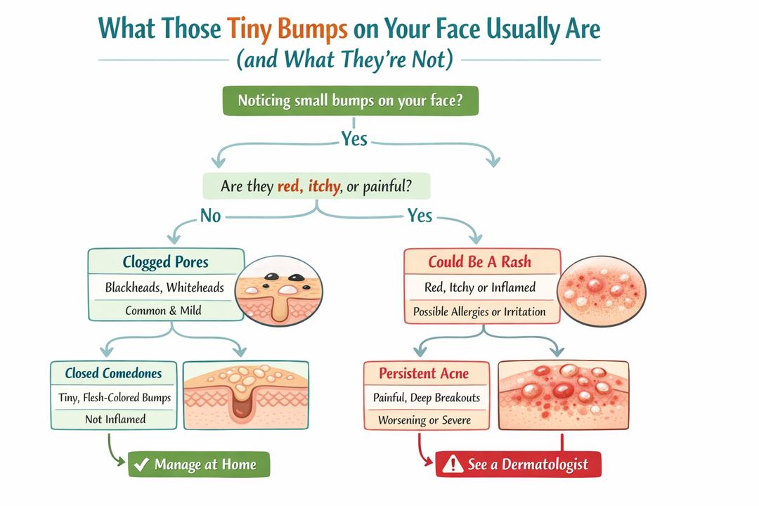 Infographic decision tree showing different types of tiny facial bumps, simple descriptions, and when to see a dermatologist.