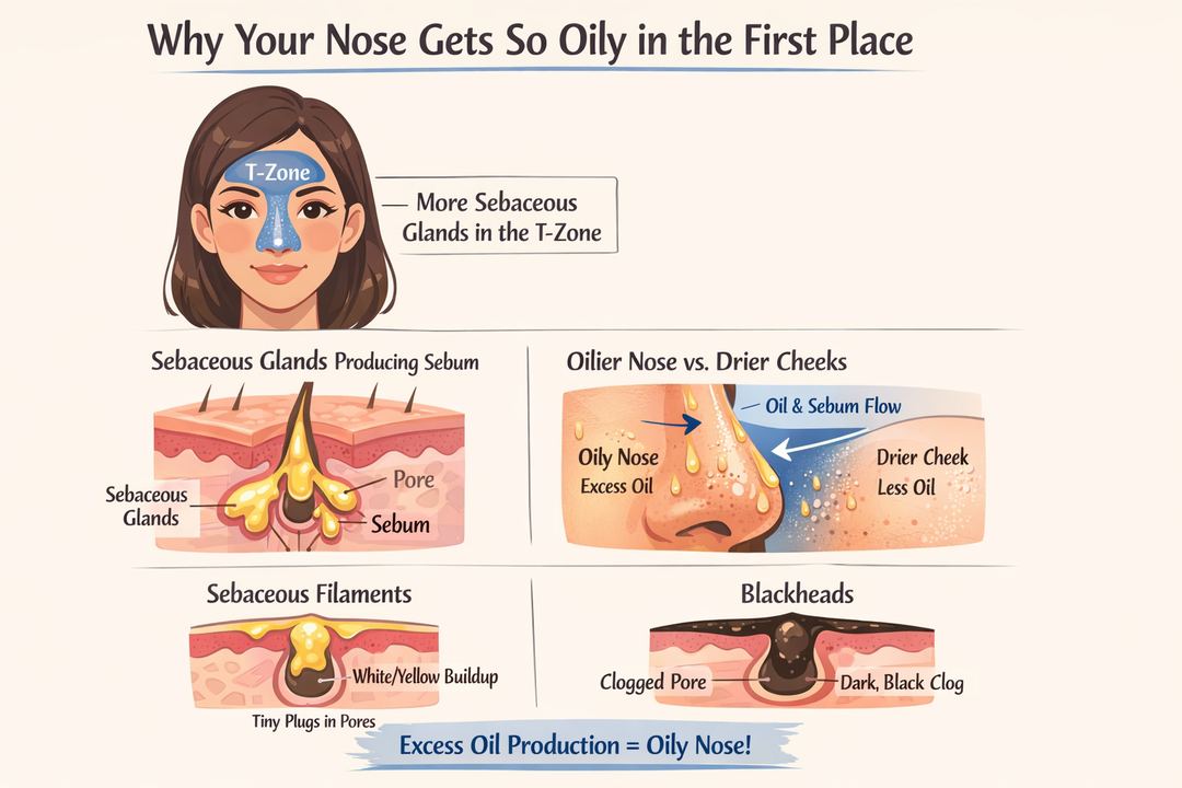 Infographic diagram showing why the nose gets oilier than the cheeks, with sebaceous glands, T-zone, sebum flow, and differences between sebaceous filaments and blackheads.