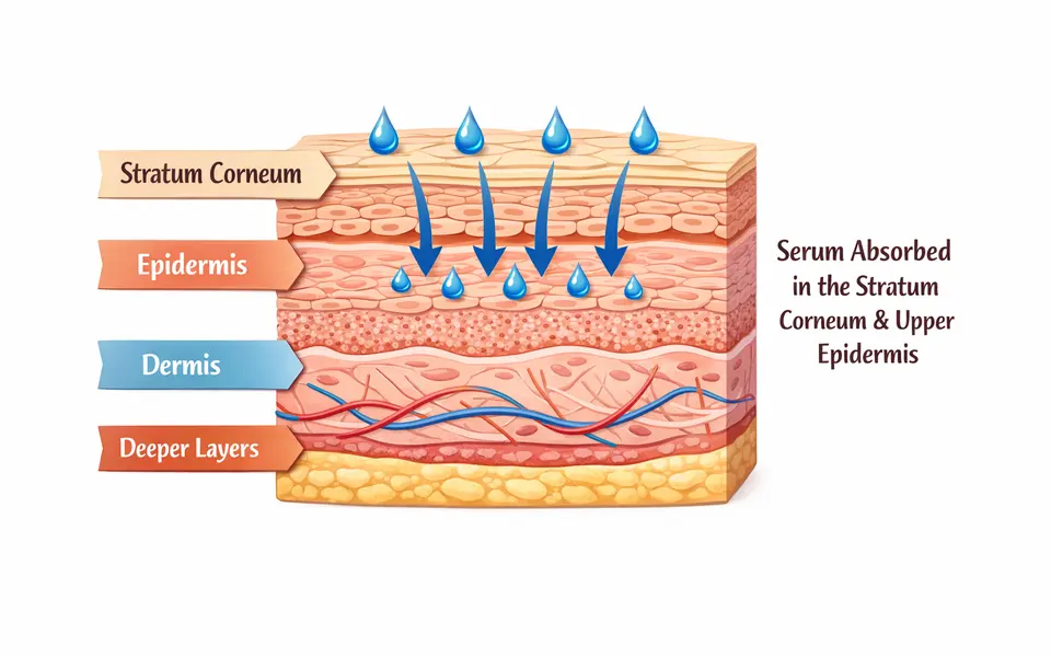 Simple cross-section diagram of facial skin layers with arrows showing serum staying in upper layers.