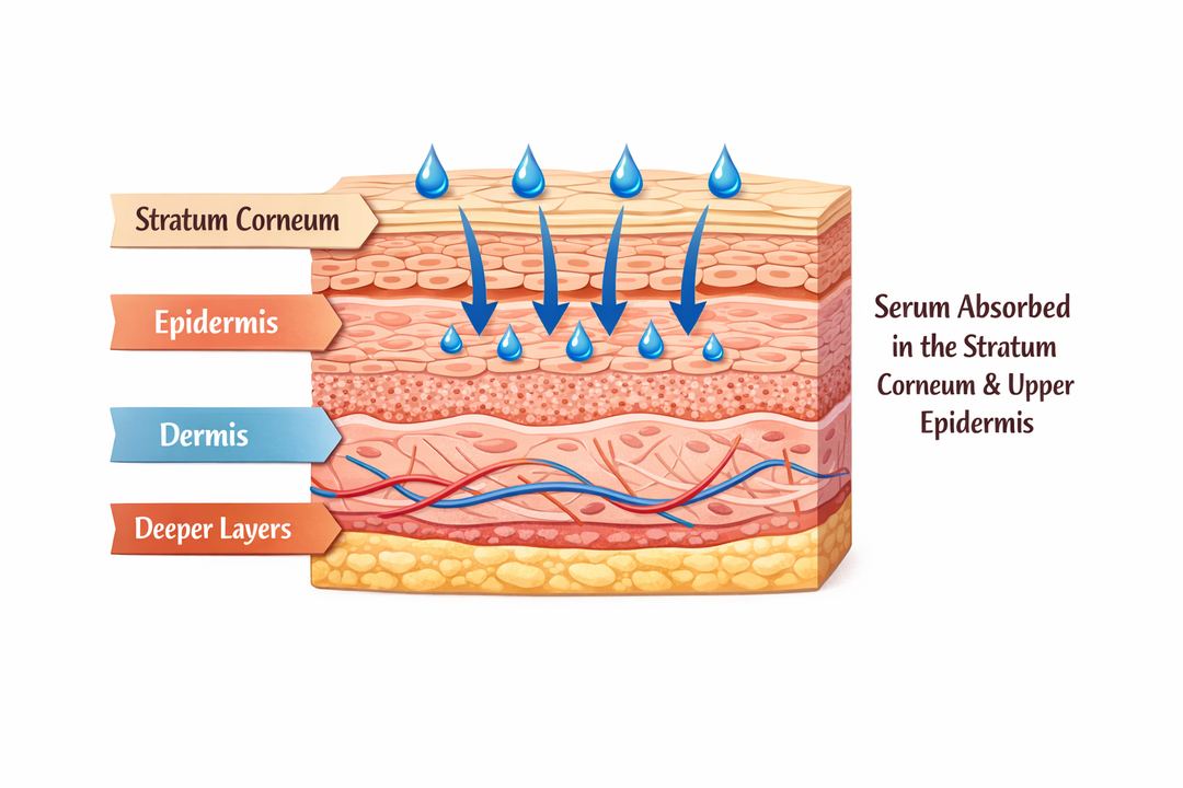 Simple cross-section diagram of facial skin layers with arrows showing serum staying in upper layers.