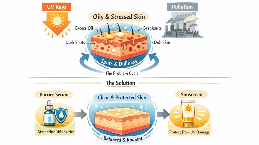 Best face serum for late 20s plus pigmentation plus oily skin in city pollution