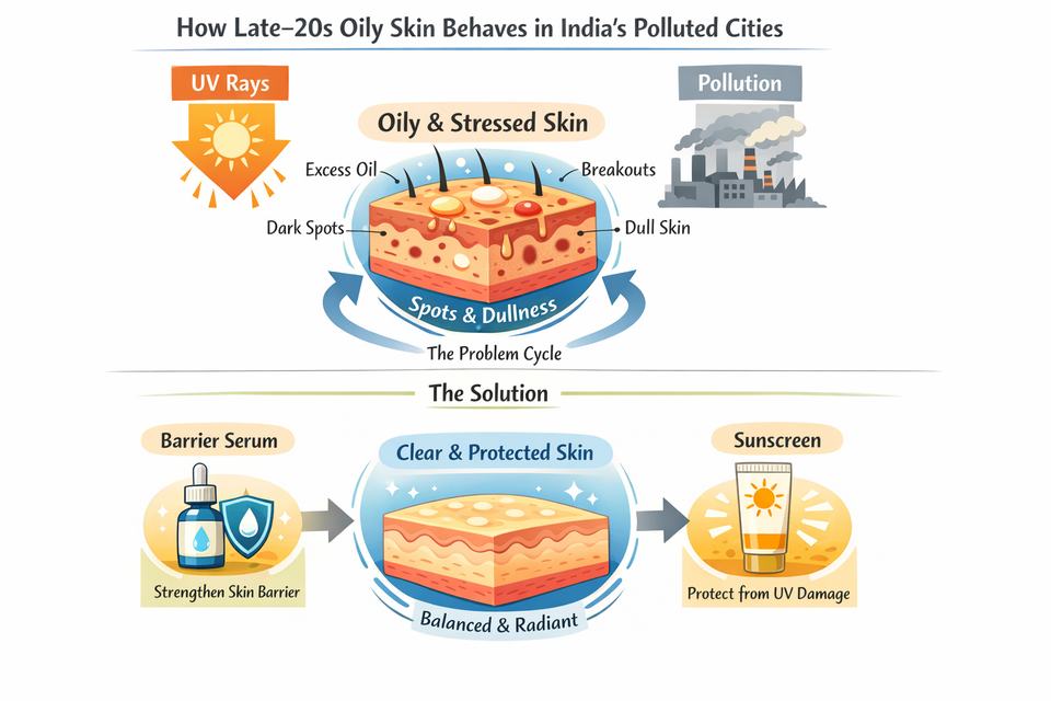 Infographic explaining how UV, pollution, and oiliness together affect late-20s skin and where serum plus sunscreen fit in a routine.