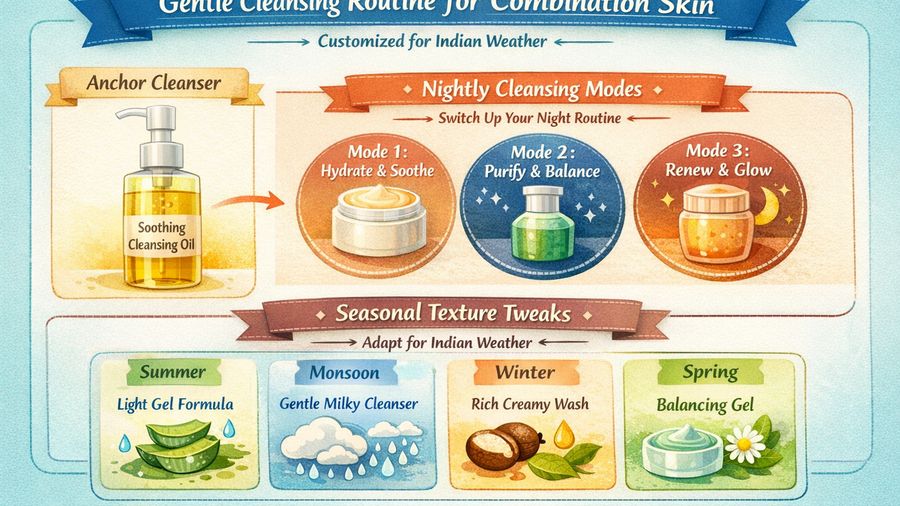 Soothing cleansing oil & face wash routine for combination skin plus uneven tone in all season