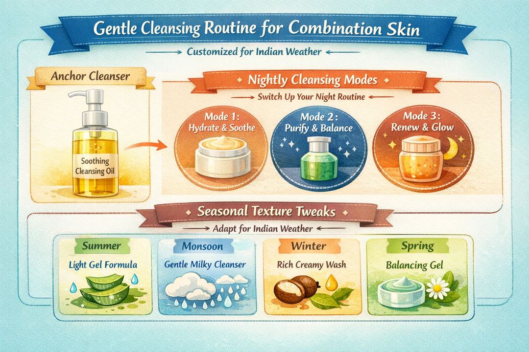 Infographic showing a gentle cleansing routine for combination skin with three night modes and seasonal texture tweaks for Indian weather.
