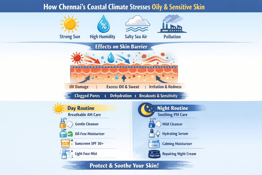 Infographic diagram of Chennai coastal climate factors (sun, humidity, salt air, pollution) and their effects on oily and sensitive facial skin, plus a simple day and night routine.