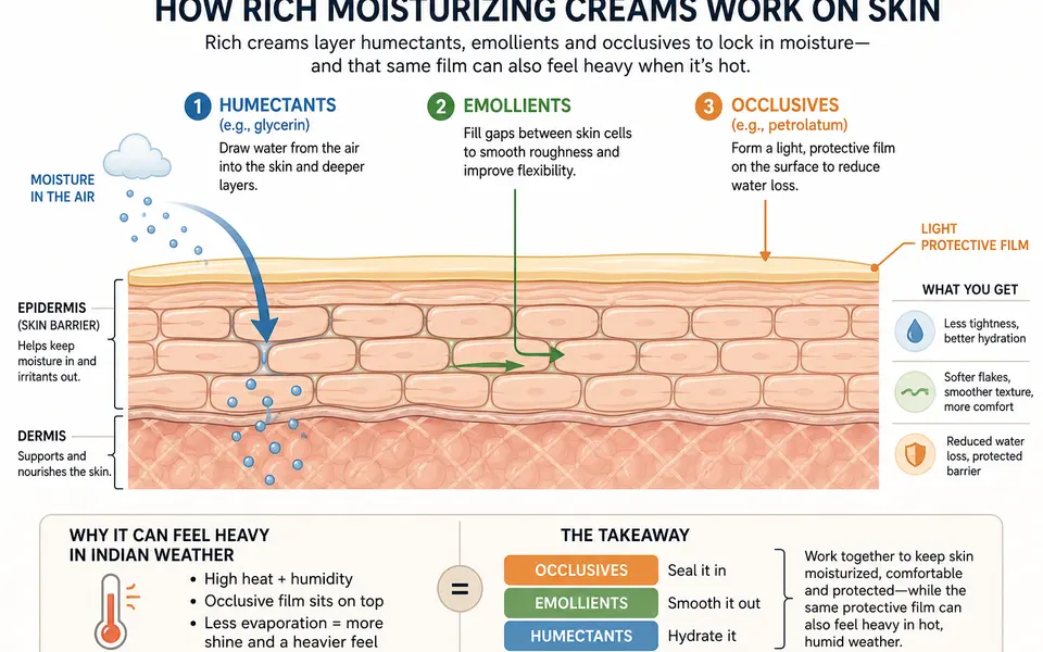 Illustrated cross-section of facial skin showing humectants drawing in water, emollients smoothing skin cells, and occlusives forming a thin seal on top, with notes on benefits and heaviness.
