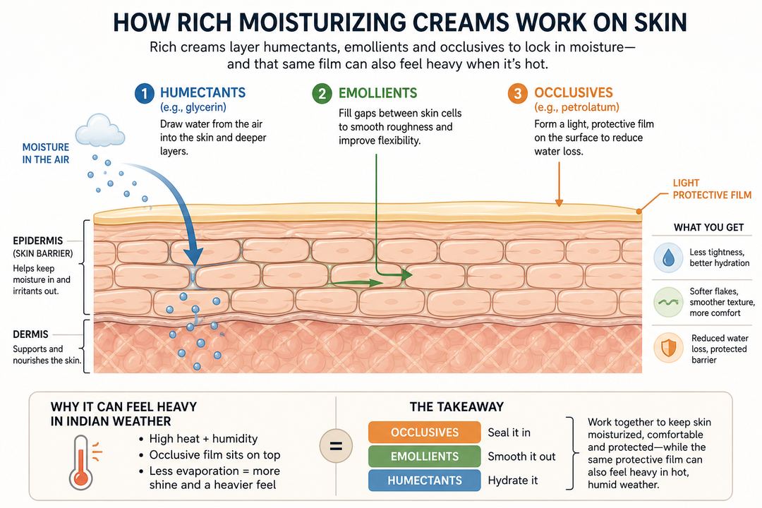 Illustrated cross-section of facial skin showing humectants drawing in water, emollients smoothing skin cells, and occlusives forming a thin seal on top, with notes on benefits and heaviness.