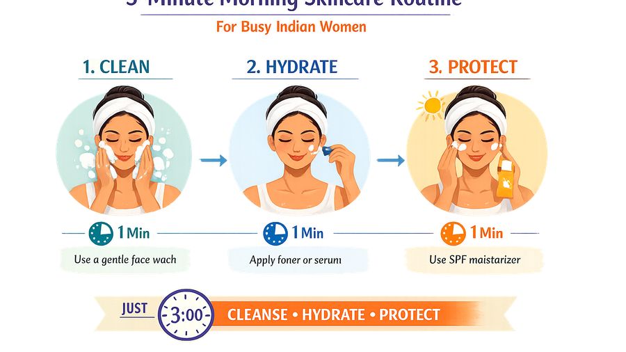 3-Minute Morning Routine for Busy Indian Women: Clean, Hydrate, Protect