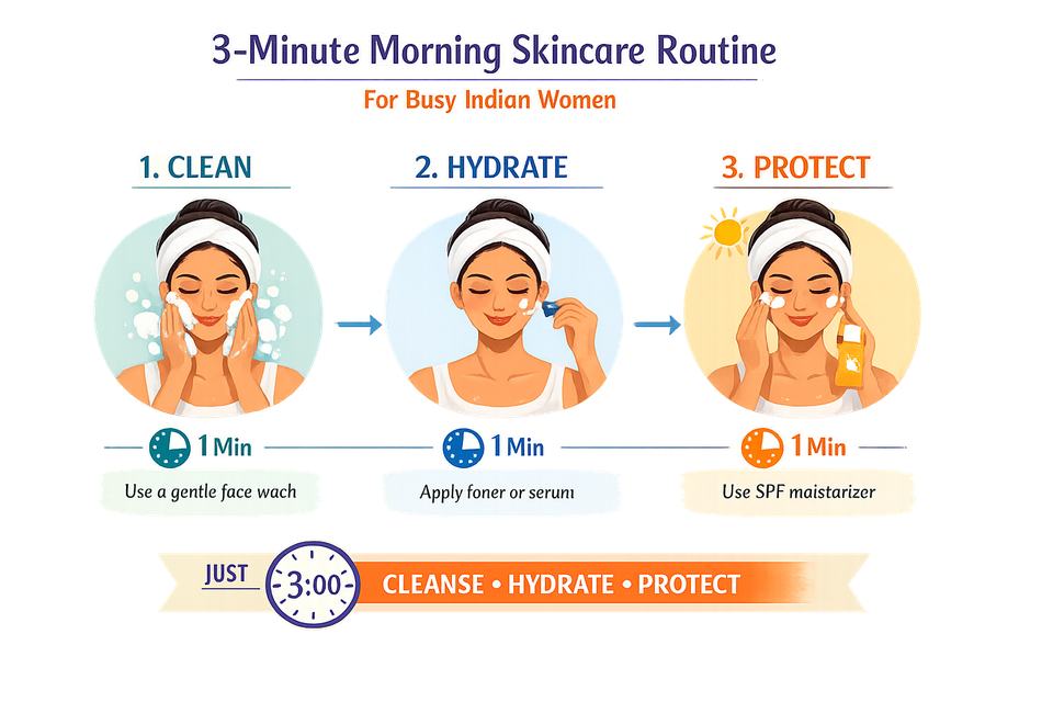 Infographic of a 3-minute Indian morning skincare routine showing Clean, Hydrate, Protect steps with timing.