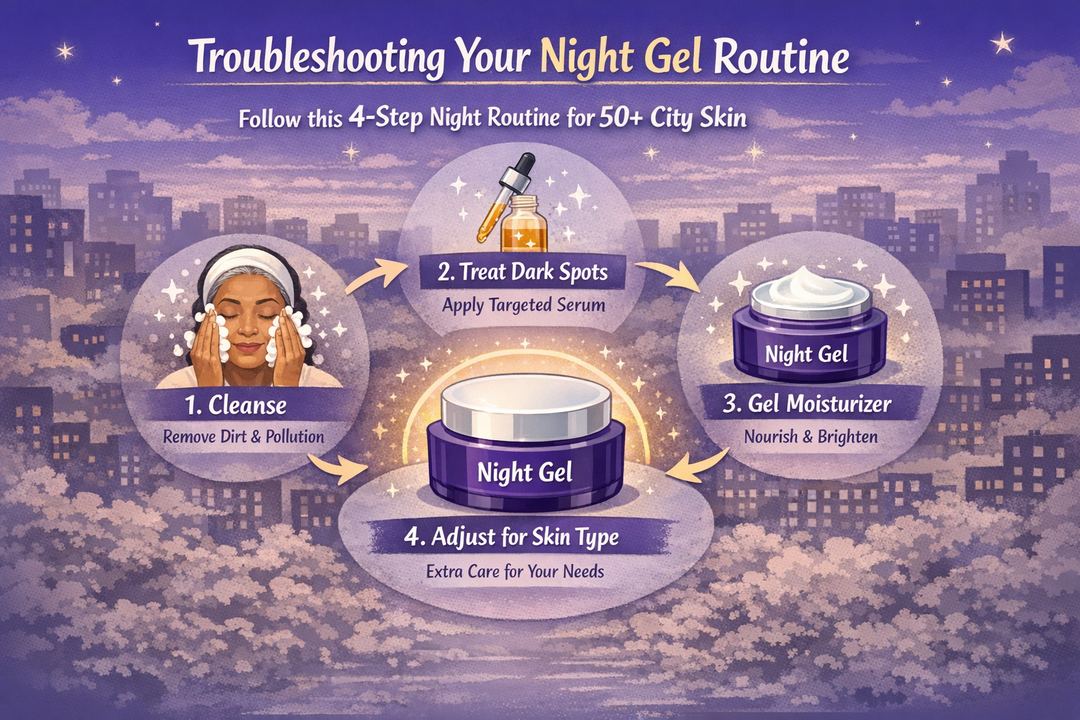 Infographic of a simple 4-step night routine for 50+ city skin showing cleanse, treatment, gel and adjust-for-skin-type steps.