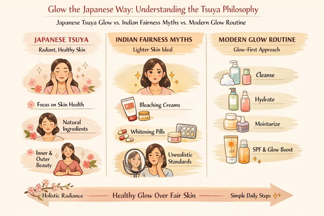 Infographic comparing Japanese tsuya glow philosophy with Indian fairness myths and a simple modern glow routine.