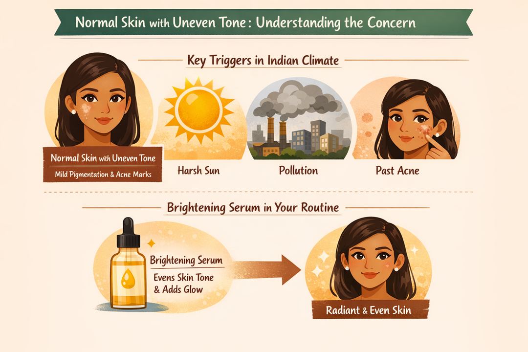 Infographic showing normal skin with mild uneven tone and key triggers in Indian climate like sun, pollution, and past acne.