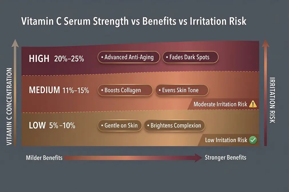 Infographic showing vitamin C serum strength vs benefits vs irritation risk