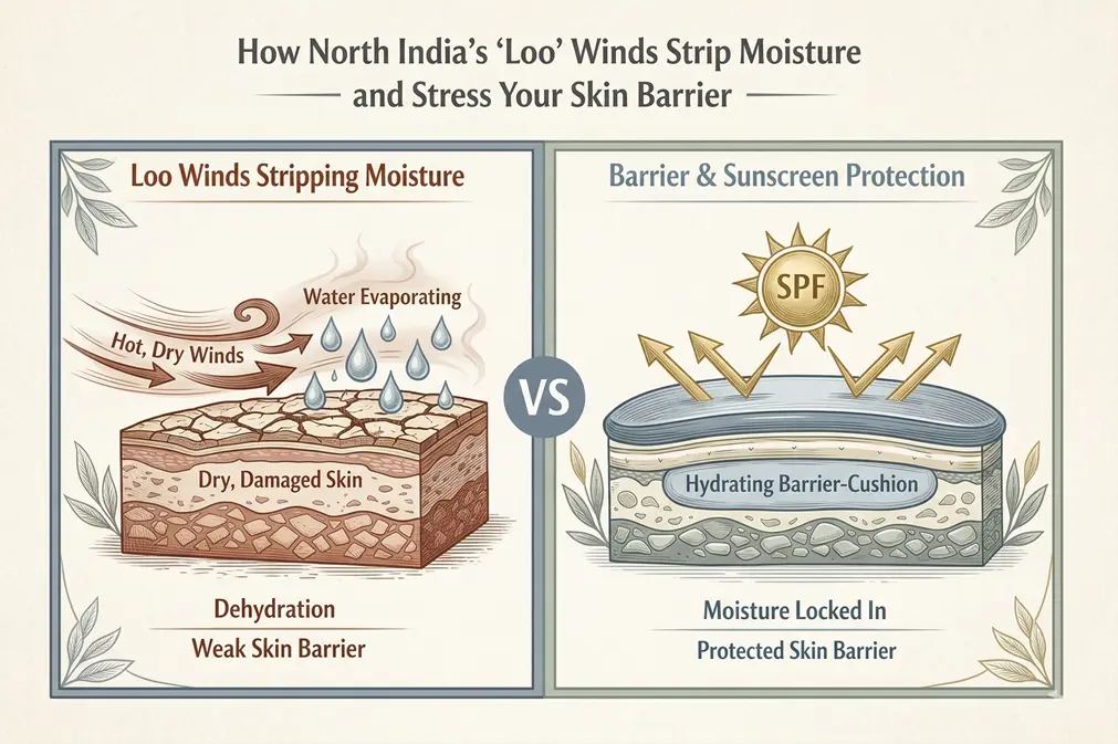 Infographic showing how North India’s loo winds cause rapid water loss from skin and how a barrier-cushion plus sunscreen protects the face.