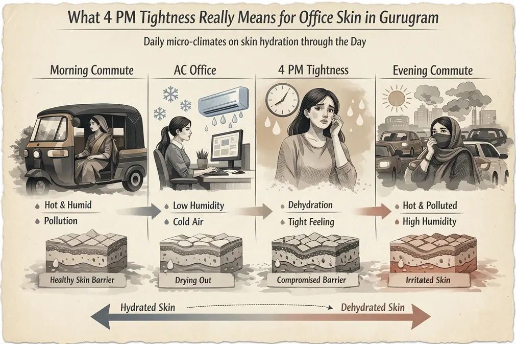 Infographic showing a day in Gurugram: morning commute, AC office, 4 PM tightness, and hot polluted evening commute with notes on humidity and skin barrier.